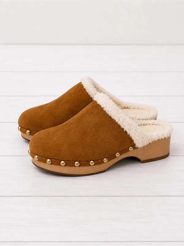 Caslon Cozy Sherpa-Lined Gold Studded Cognac Brown Suede Mule Clog Shoes Size 9 - Image 7