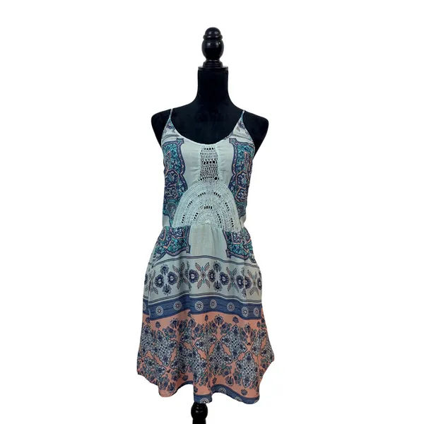 Roxy Dance to the Beat Sundress Womens S Paisley Crochet Blue Coral Pockets Boho - Image 3