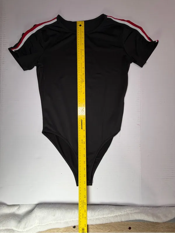 SHEIN Black Short-Sleeve Bodysuit with Red and White Shoulder Stripes - Image 3