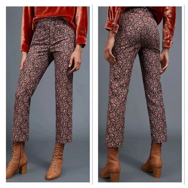 Anthropologie The Essential Slim Pant Brown Motif Floral Ankle Womens Size 4 nwt - Image 2