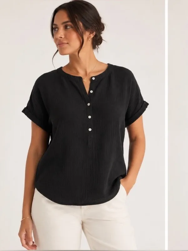 Quince Small Organic Cotton Gauze Roll Sleeve Shirt Black - Image 2