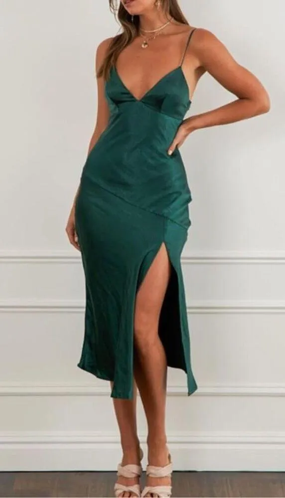 NEW Green Satin Slip Spaghetti Strap Backless Midi Dress Slit M - Image 6