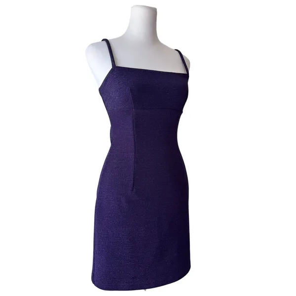 Vintage ‘90s XOXO Purple Metallic Sparkle Sleeveless Stretchy Bodycon Mini Dress - Image 6