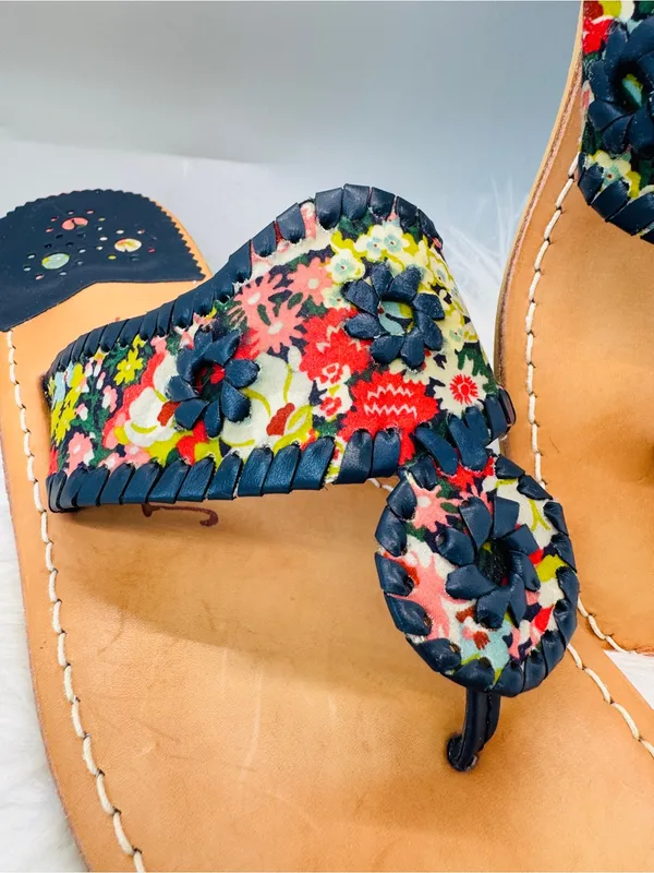 Jack Rogers Jacks Flat Sandal Multicolor Floral Trim leather boho western Indy - Image 3