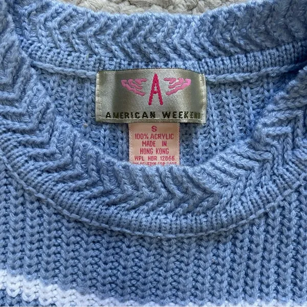 Vintage American Weekend Light Blue With White Stripes Knit Sweater Women Small - Image 3