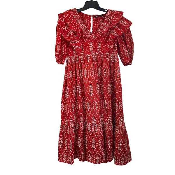 Zara Red Dress with Eyelet Embroidery Midi Length Size Small‎ - Image 3