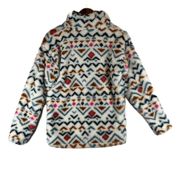 Eddie Bauer Womens Small Faux Fur Pullover‎ Aztec Print Quarter Zip Pink Trim - Image 3