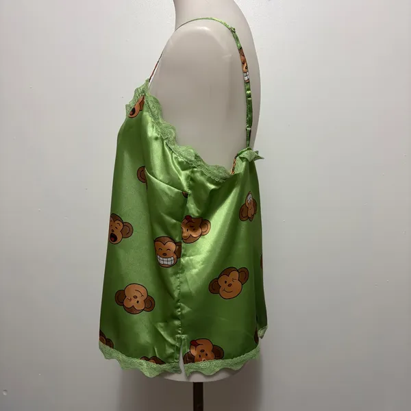 Y2K Aeropostale Monkey Print Satin Lace Trim Cami Tank Top XL Green Kawaii - Image 4