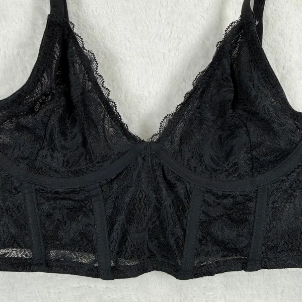 Black Floral Lace Longline Bralette‎ V-Neck Adjustable Straps Size Small READ - Image 2