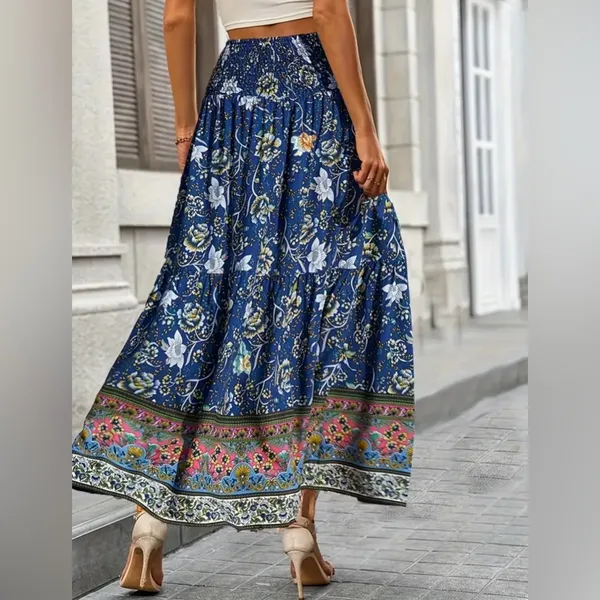 Bohemian Floral Border Print Maxi Skirt Size L NWT Smocked Waist Hippie - Image 2