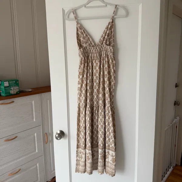 Sim & Sam Bohemian Tan Babydoll Linen Blend Maxi Dress in Oat Print Size XSmall - Image 4