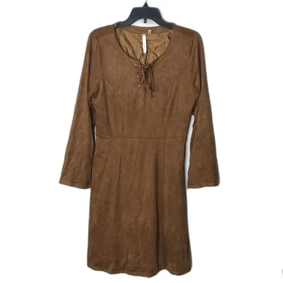NY‎ collection baby doll dress brown suede long sleeve dress size medium - Image 2