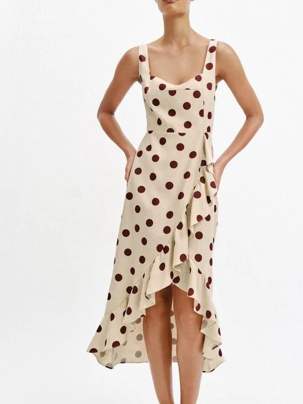 Zara Cream Dress with Brown Polka Dots and Ruffle High-Low Hem - Image 6