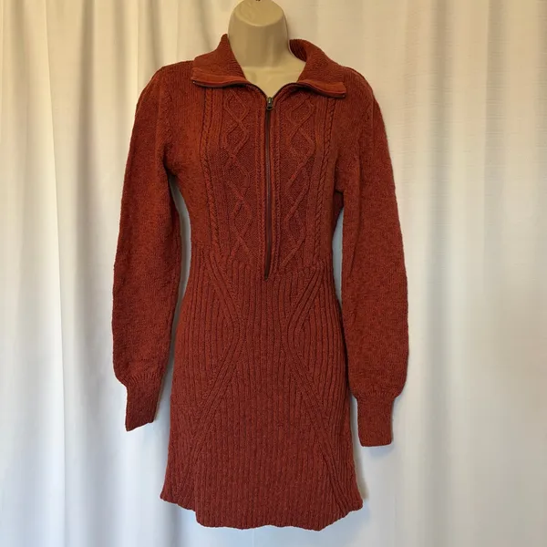 Free People Mont Blanc Mini Sweater Dress Red Jasper Auburn Sz M Cable Knit Zip - Image 3