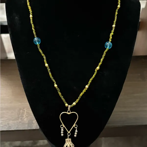Chic Yellow and Blue Beaded Heart Pendant Necklace with Dangle Bell - Image 7