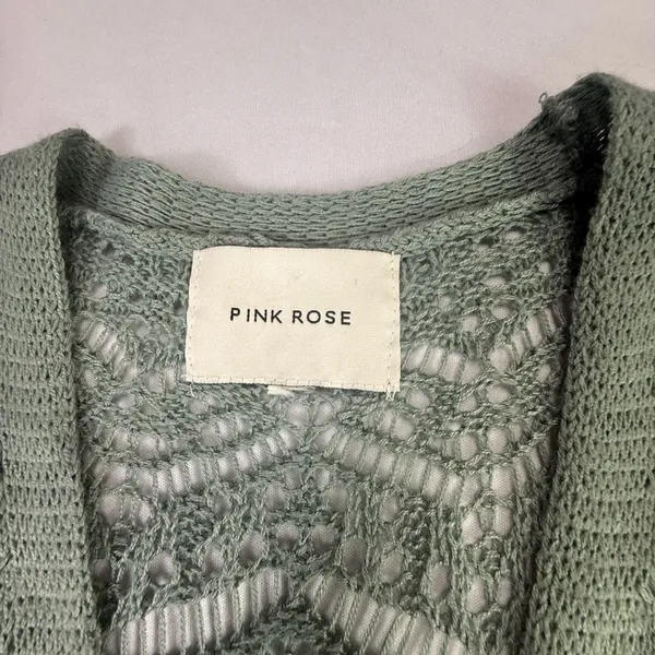 Pink Rose Sage Green Open Knit Longline Cardigan Duster with Pockets - Image 2