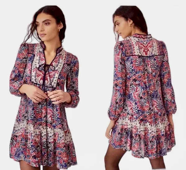 Anthropologie Floral A-Line Dress Multicolor Tie Ruffle V-Neck Long Sleeve S - Image 2
