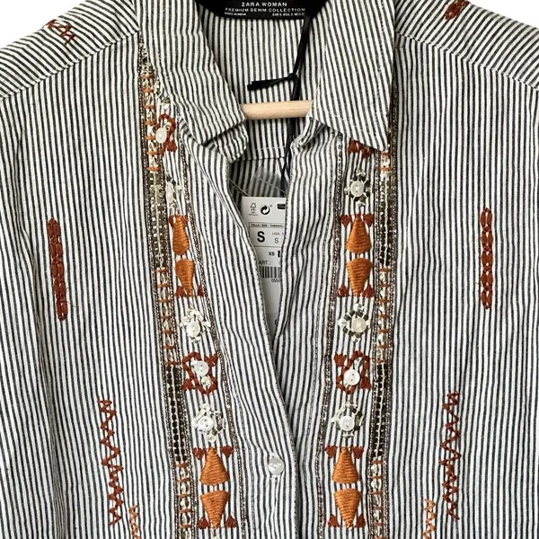 NWT Zara Collection Button down Shirt S Striped Embroidered Embellished cotton - Image 7