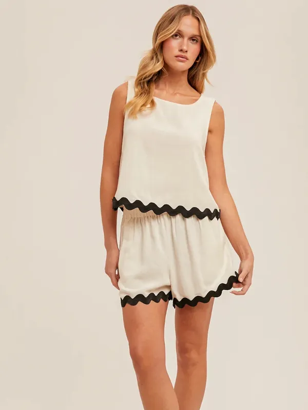Anniewear linen set contrast trim scalloped beige tank crop top shorts neutral - Image 11