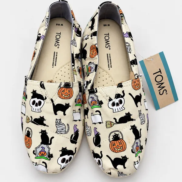 TOMS Belmont Women's 6.5 Halloween Cats Shoes Slip On Pumpkin Black Cat NWT - Image 2