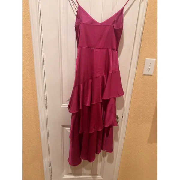 Lulus Charming Crush Hot Pink Satin Tiered Ruffled Midi Dress size xs - Image 7