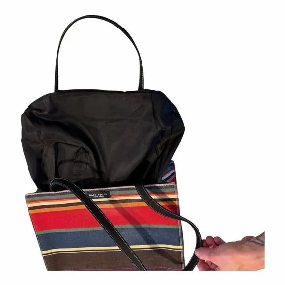 Kate Spade New York Multicolor Striped‎ Canvas Tote Bag Shoulder Purse Snap Top - Image 5