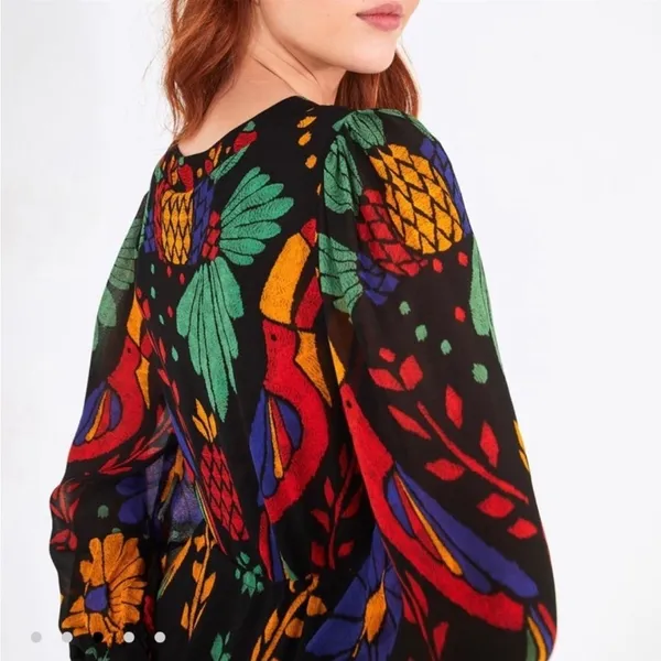 Farm Rio Black Tropical Toucan Floral V-Neck Maxi Dress XS Long Puff Sleeve Boho - Image 13