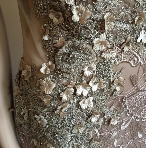 Embellished Taupe Evening Gown - Elegant Lace & Beaded dress - Image 7
