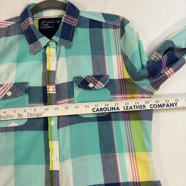 American‎ Eagle Outfitters Teal Plaid Button Down Shirt Womens Large L/G Cotton - Image 4