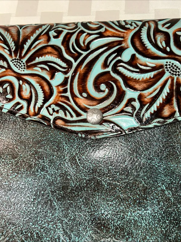 Patricia Nash Turquoise & Brown Tooled Leather Envelope Clutch - Image 11
