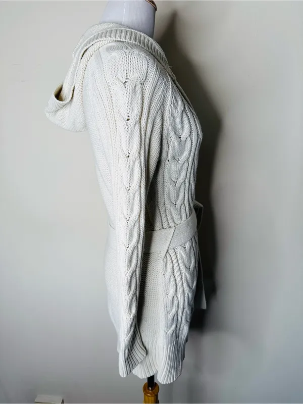 GAP Ivory Y2K Cable Knit Belted Hooded Long Cardigan Sweater - Image 3