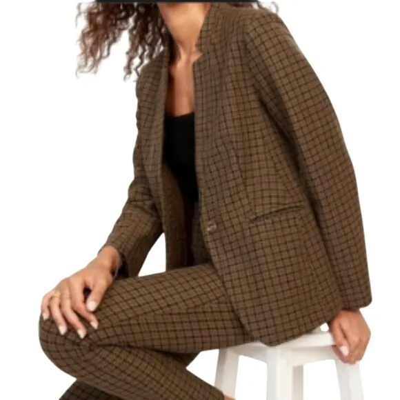 Old Navy NWT Pixie Blazer Womens Brown Houndstooth Collarless‎ Jacket Large - Image 2
