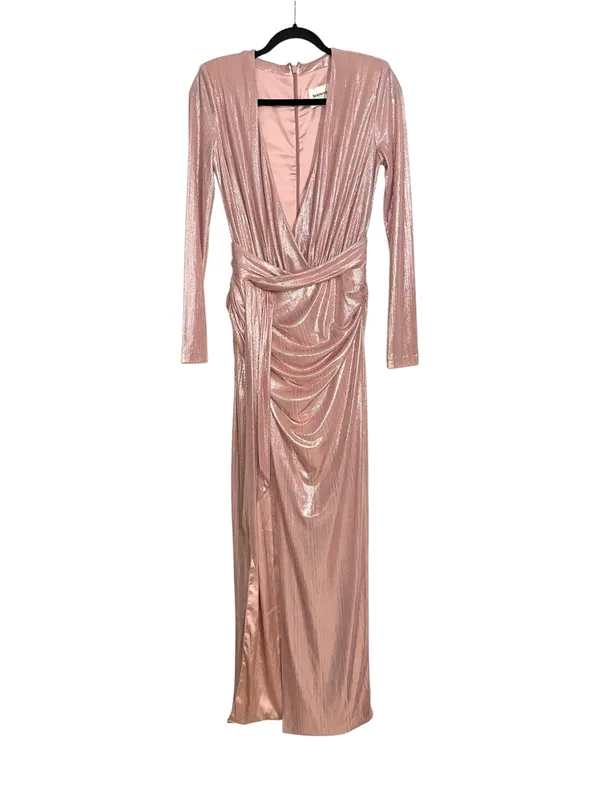 House Of CB Mina Dress Deep V-Neck Metallic Pink Long Sleeve Gown SMALL - Image 3