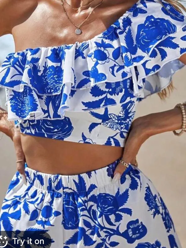 One-Shoulder Blue Floral Ruffle Crop Top - Image 2