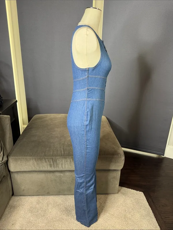 Sleeveless Sexy Blue Denim Jumpsuit Front Zip Slim Fit Retro 70s Flare Size S - Image 4