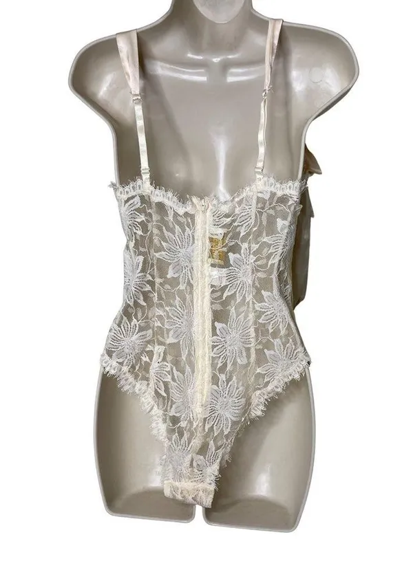 Victorias Secret Gold Label Vintage Cream Lace Bow straps Bodysuit sz S - Image 3