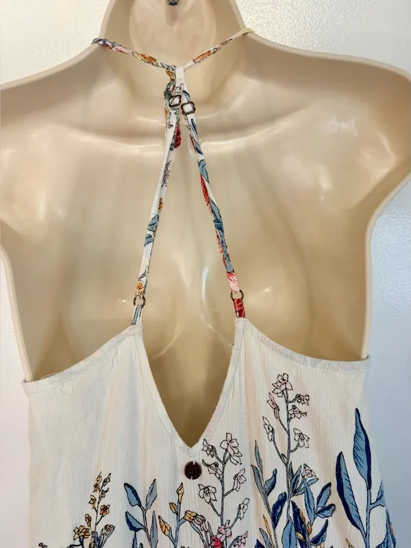 Billabong XS San Sebonne Floral Halter Maxi Dress Ivory Pink Crinkle Open Back - Image 7