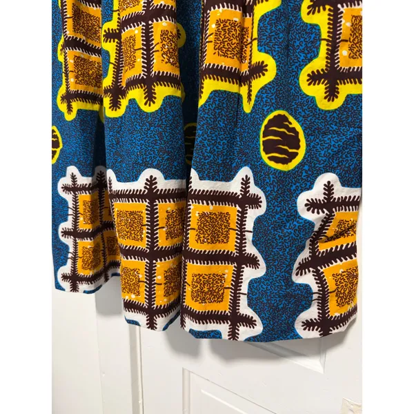 African Wax Print Fit and Flare Dress Blue Yellow Geometric Square Neck - Image 7