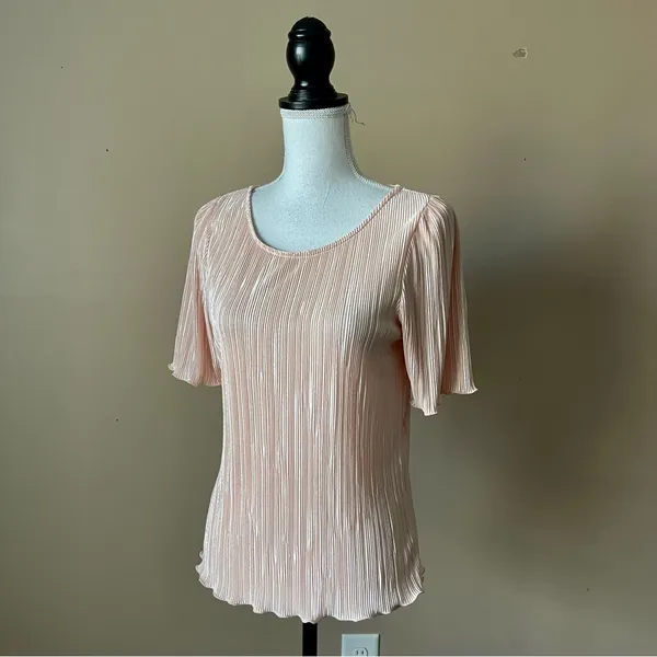 ANN TAYLOR | Baby Pink Crinkle Lettuce Hem Satin Blouse Sz M - Image 5