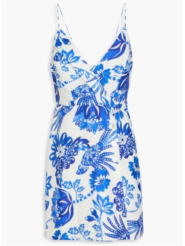 NWT FARM Rio Linen Faux Wrap Floral Birds Dress White Blue Size XS Retail $185 - Image 4