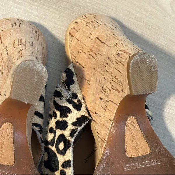 Crown by Born Leopard Print Calf Hair Cork Wedge‎ Sandal 8M Tan Black N22016 - Image 8