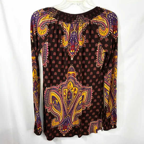 Lucky Brand XS Top VTG Y2K Hippie Paisley Smocked Brown Lotus Grunge Boho‎ 1309 - Image 2