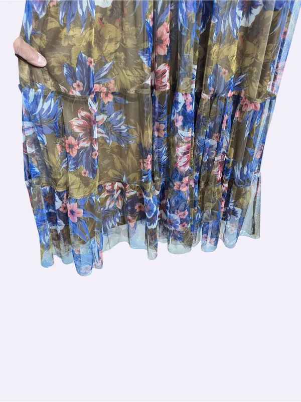 Candalette Petite Floral Mesh Maxi Dress PL Brown Blue Pink Tiered Halter Boho - Image 7