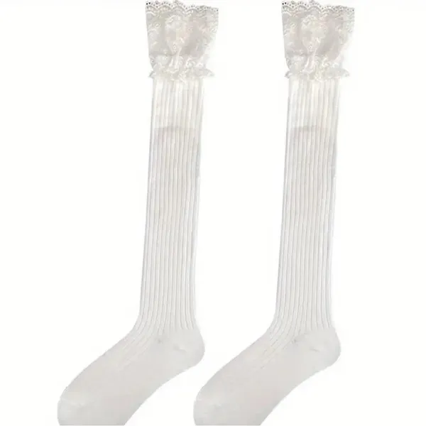 White Lace Top Thigh High Sock-Stockings Sweet JK Style Slim Fit Over The‎ Knee - Image 9