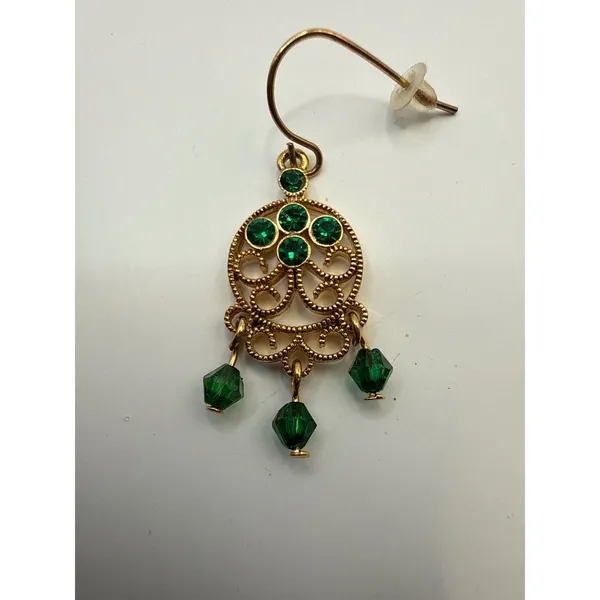 Gold Tone Emerald Green Rhinestone Filigree Chandelier Drop Dangle Earrings - Image 2