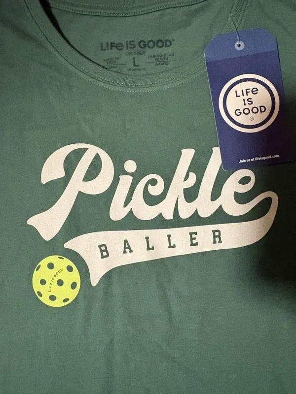 -New Life is Good Crusher Tee Womens L Green Athletic Pickle Baller Short Sleeve - Image 4