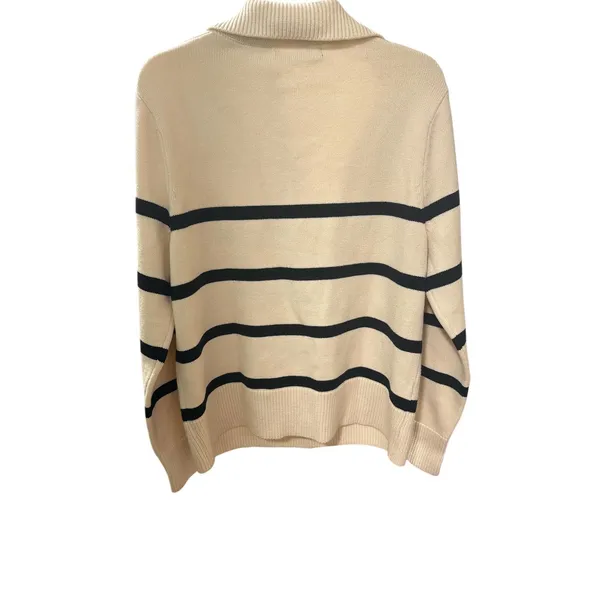 Mango Women's Cream and Black Striped V-Neck‎ Sweater with Collar - Image 7