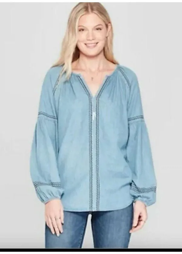 Knox Rose Chambray Boho Top Balloon Sleeves M - Image 2