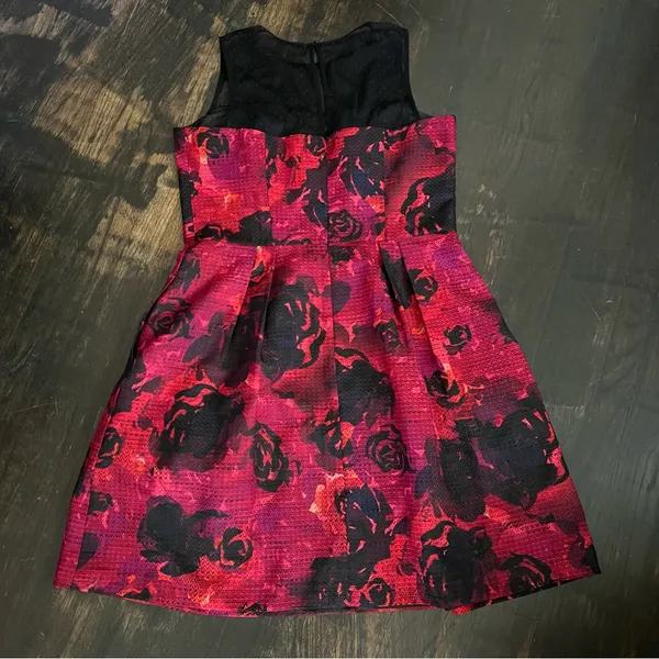 Modcloth Symphony Stunner Dress Maggy London Fit Flare Black Red Floral Mesh 14 - Image 3