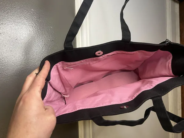 Pink Ribbon Awareness Tote Bag Womens Medium Black Canvas Shoulder Lined - Image 9